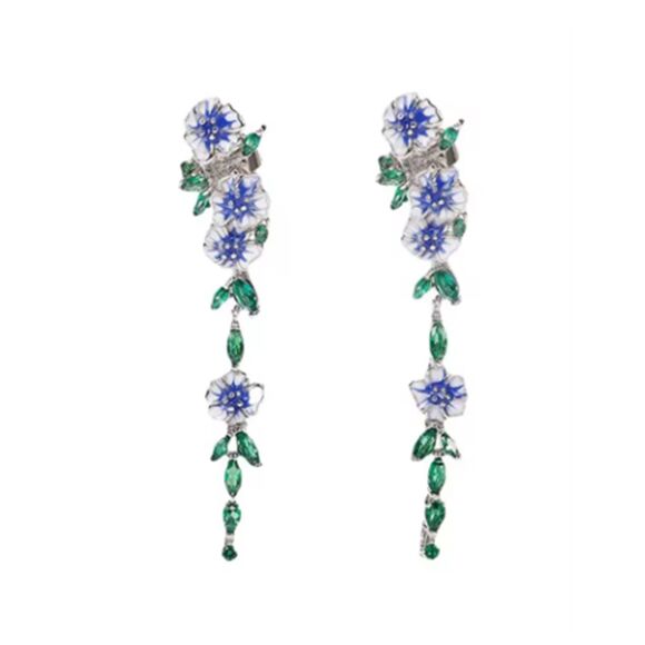 Blue & White Enamel Flowers with Green CZ Leaf Accents on Dangling Earrings 2" - Picture 4 of 5